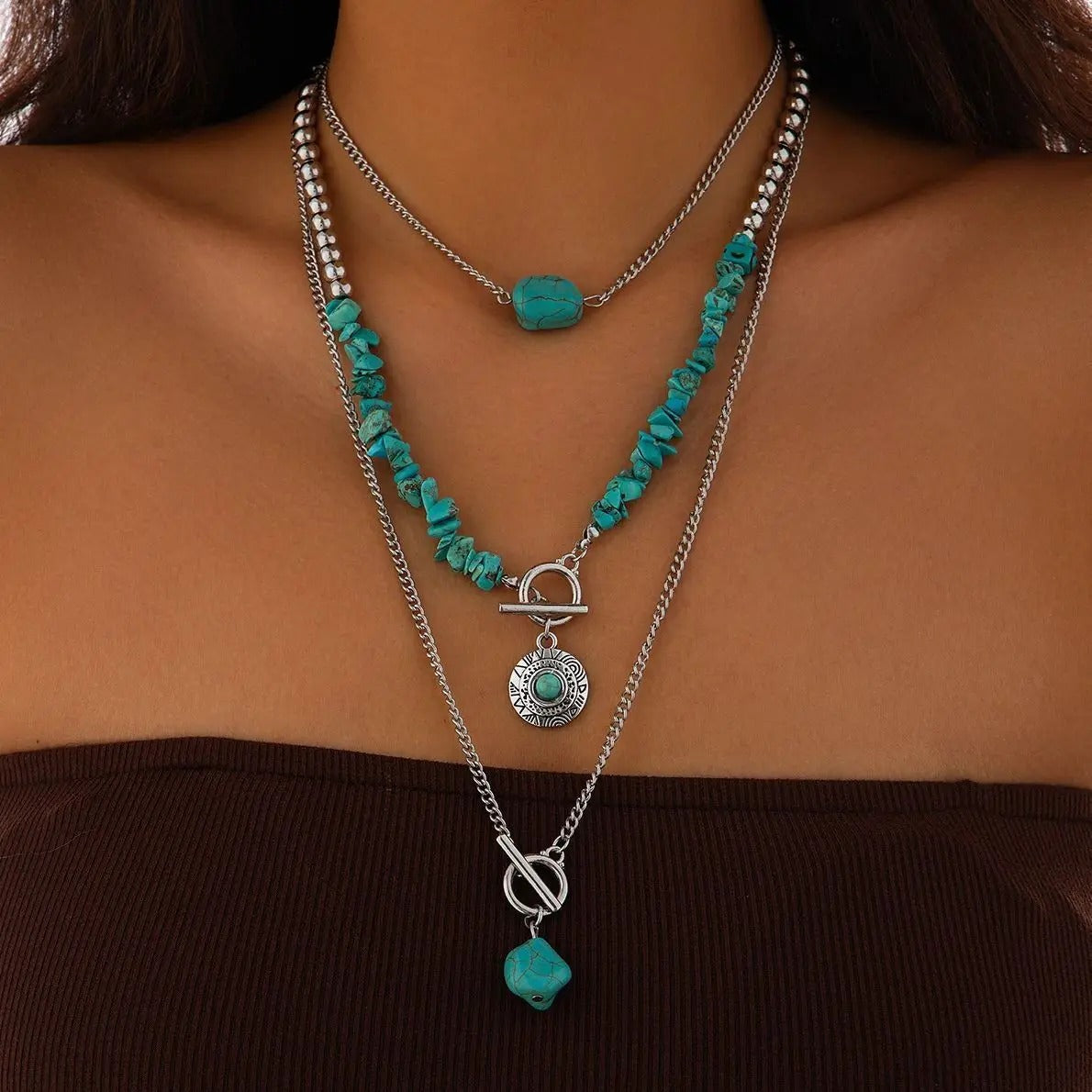 3Pcs Vintage Blue Natural Stone Beads Choker Necklaces for Women Bohemia Geometry Pendant Necklace Trendy Neck Jewelry
