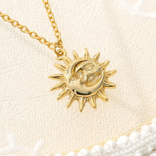 Vintage Sun Moon Pendant Necklace For Women Gold Color Stainless Steel Chain Necklaces Celestial Aesthetic Jewelry