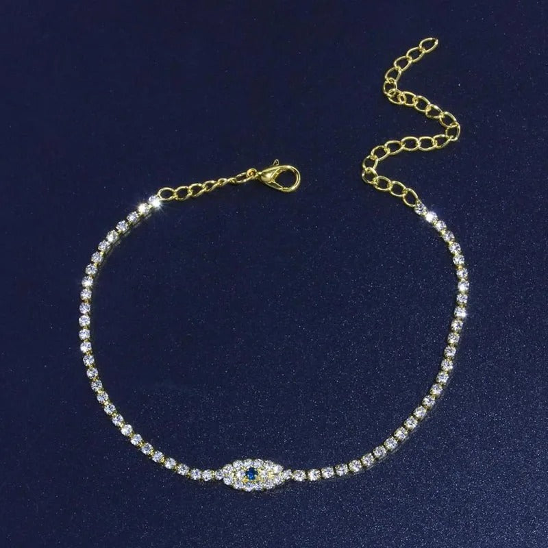 Summer Beach Rhinestone Blue Evil Eye Ankle Bracelet for Women Bohemian Tennis Sandals Beach Anklet Jewelry Accessories Gift