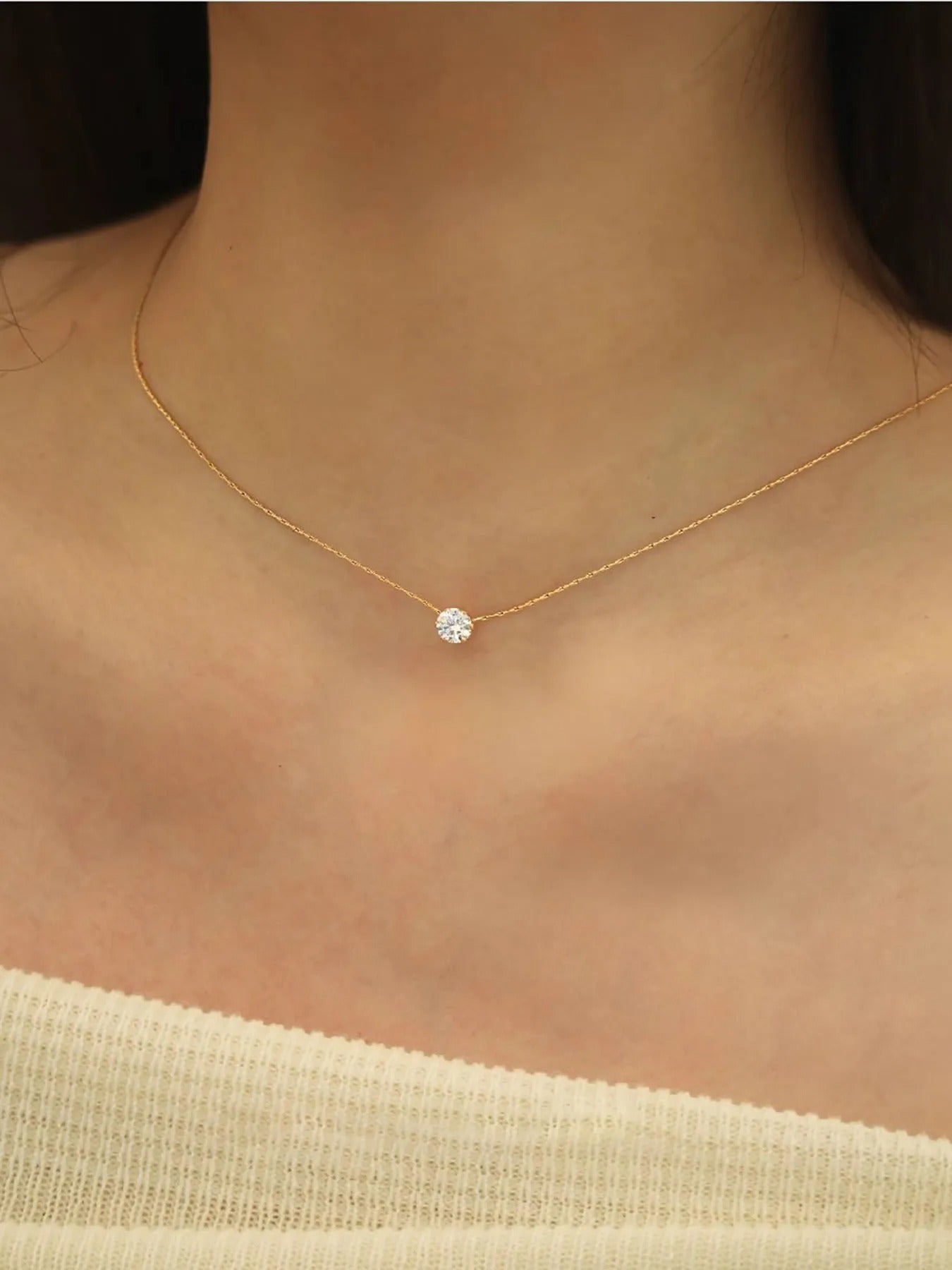 New Minimalist Solitaire Zircon Charm Necklace Anti Tarnish Stainless Steel Chain Round Clear  Stone Necklace