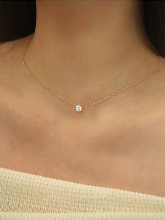 New Minimalist Solitaire Zircon Charm Necklace Anti Tarnish Stainless Steel Chain Round Clear  Stone Necklace