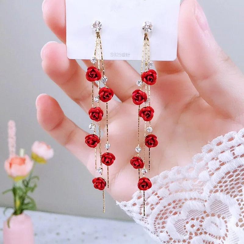 Red Rose Drop Earrings Vintage Rhinestone Flower Dangle Jewelry