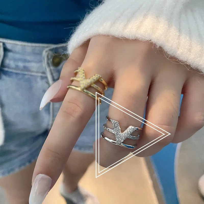 LIVVY Fashion Silver Color V-shape Three-layer Zircon Adjustable Rings For Woman Fashion High-end Trend Jewelry Accessories