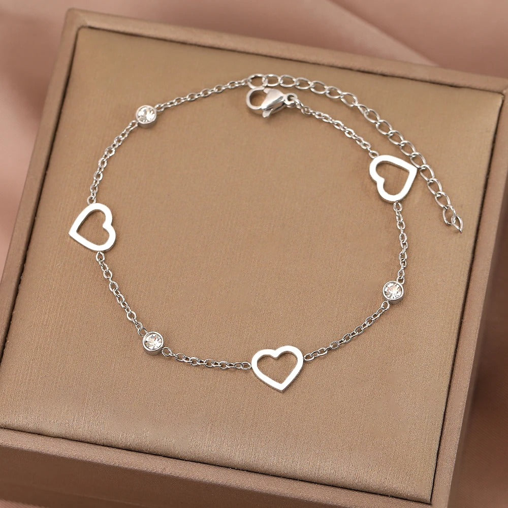 Stainless Steel Crystal Zircon Hollow Heart Bracelet Women Jewelry
