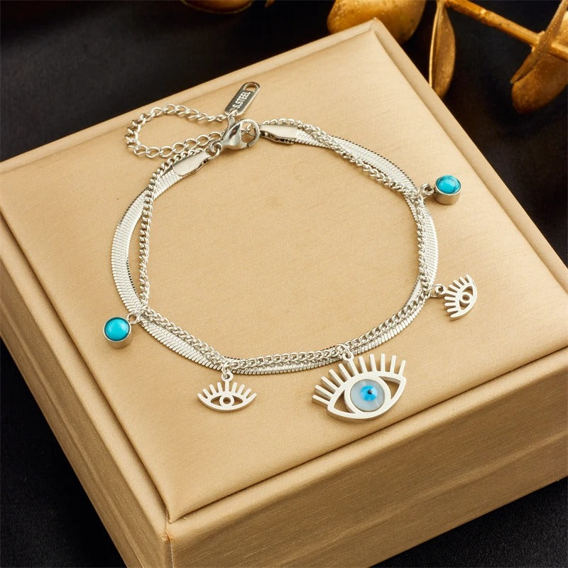 DIEYURO 316L Stainless Steel 2-Color Multilayer Retro Eyes Charm Bracelet For Women Girl New Waterproof Jewelry Gift Party