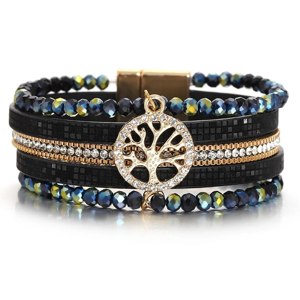 Vintage Tree of Life Leather Bracelet for Women Multilayer Crystal Beads Chain Wrap Bracelets & Bangles Party Jewelry