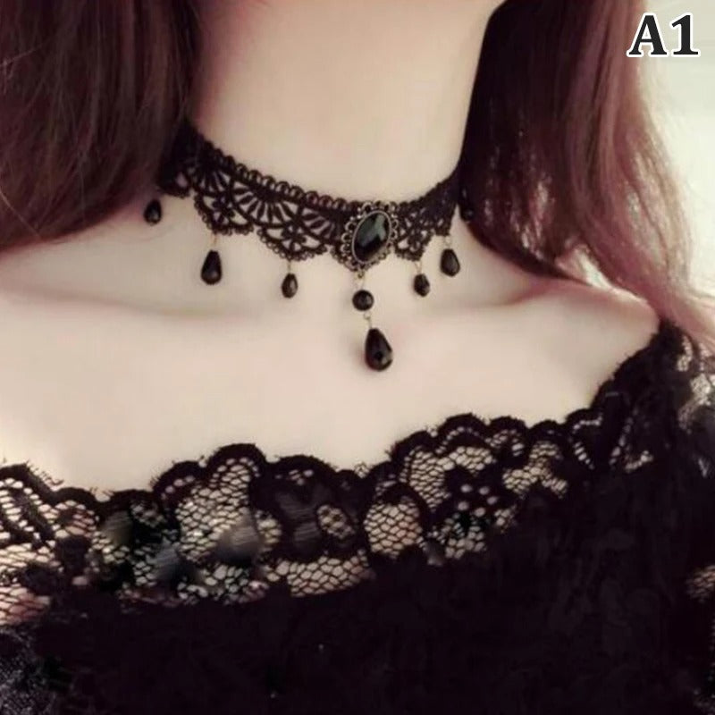 New Sexy Gothic Chokers Crystal Black Lace Neck Choker Necklace Vintage Victorian Women Choker Steampunk Jewelry