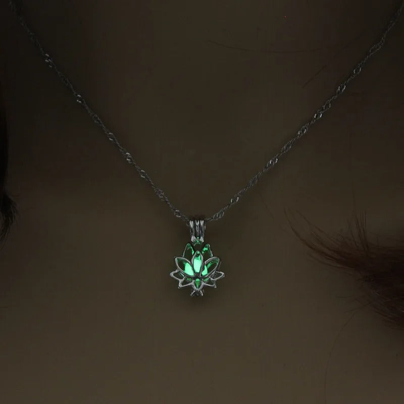 Luminous Glowing In The Dark Moon Lotus Flower Shaped Pendant Necklace For Women Yoga Jewelry