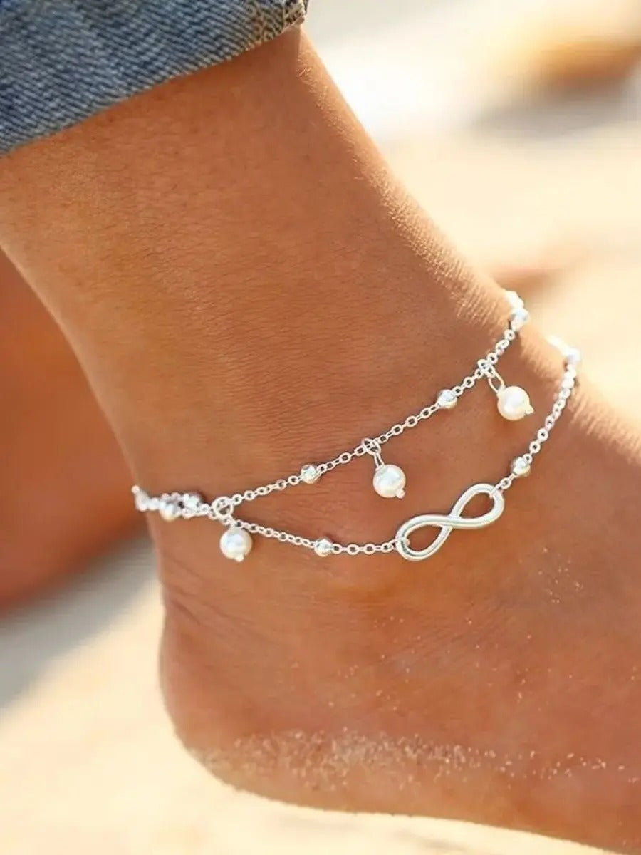 Women’s Double Chain Pearl Anklet Beach Fashion Jewelry