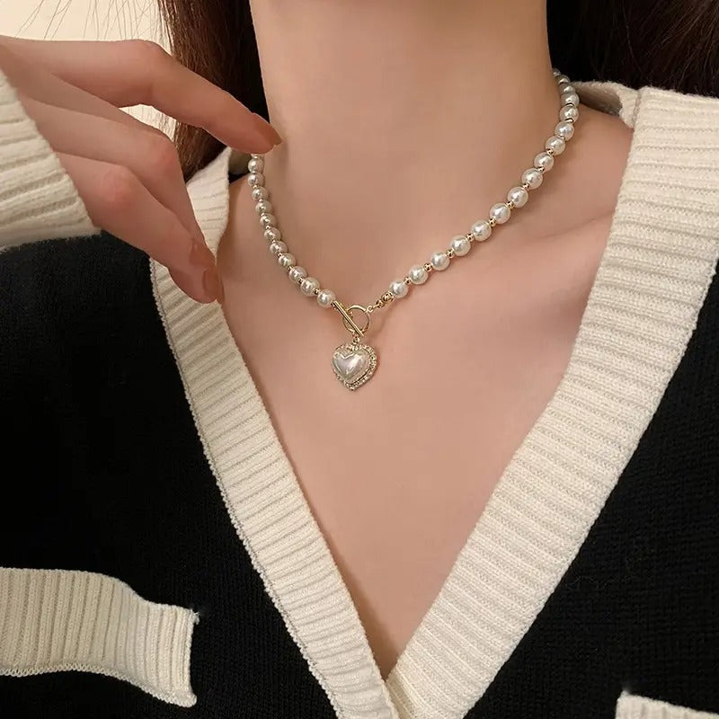 Elegant Pearl Necklace For Women Heart Pendant Necklaces Luxury Imitation Pearls Chain Necklaces Jewelry Girls Gifts