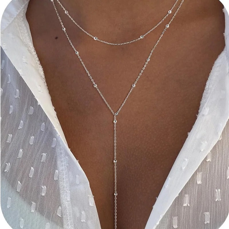 Gold Plated Lariat Necklace for Women, Double Layered Long Chain Drop Pendant Choker Necklaces Fashion Gifts
