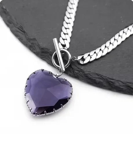 Red Heart Choker Necklace Women Stainless Steel Silver Pendant