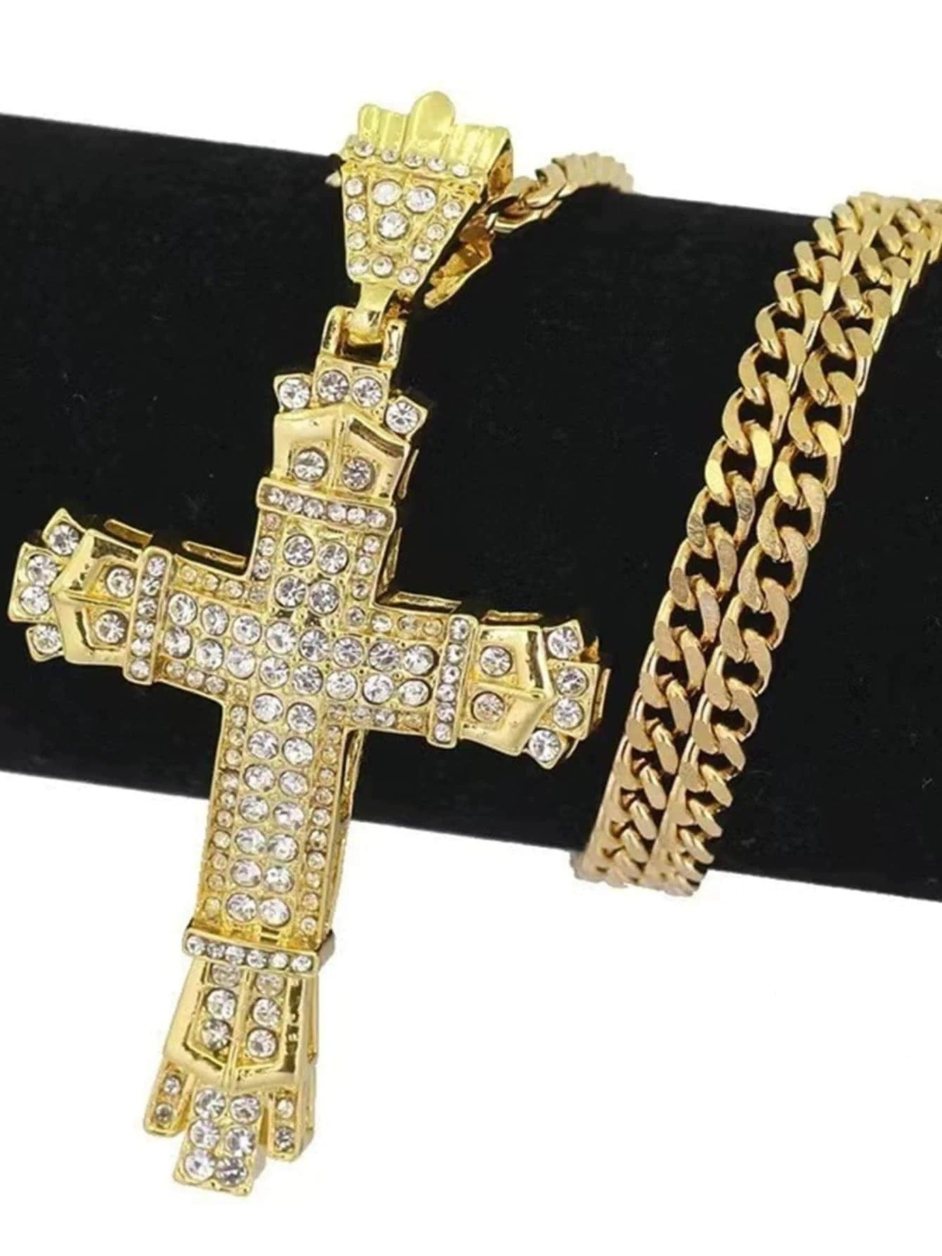 1 Simple Style MEN'S Rhinestone Christian Cross Rhinestone Pendant Necklace Personality Fashion Street Domineering Chain Jewelry