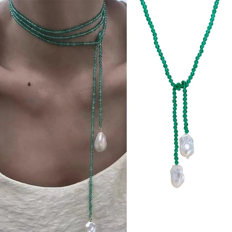 Irregular Baroque Pearl Pendant Necklace for Women Vintage Green Black Crystal Bead Long Necklace Neck Chain Jewelry