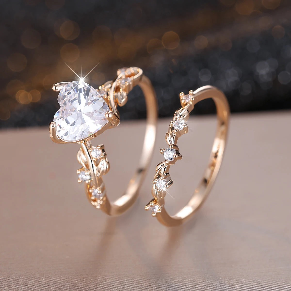 Royal Blue Green Black Red Stone Heart Ring Sets For Women Rose Gold Color White Zircon Bridal Wedding Bands Jewelry