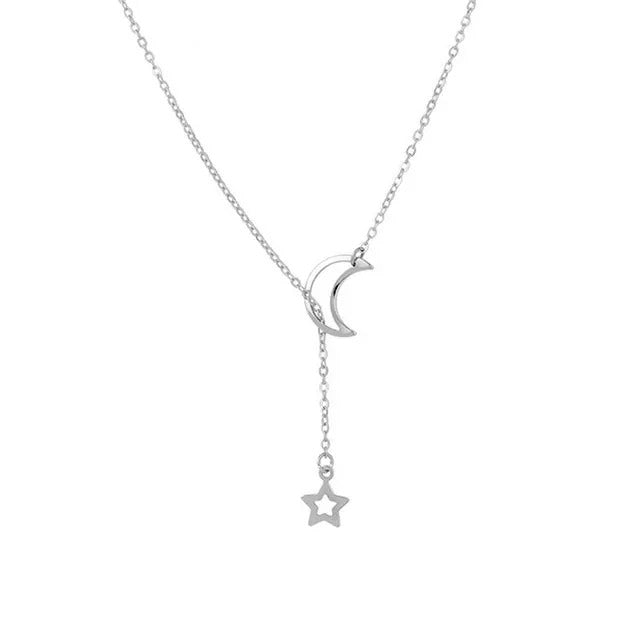 Simple Moon and Star Necklace Gold Alloy Charm Chain Jewelry for Women
