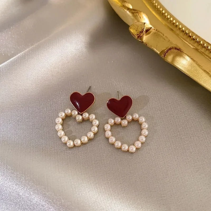 Red Retro Stud Earrings for Women Korean Pearl Flower Heart Shape Geometric Earring High Sense Jewelry