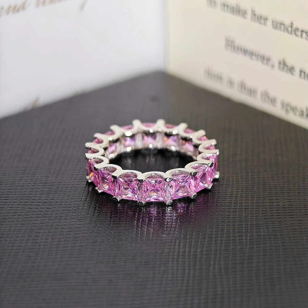 Luxury Pink Silver Color Aesthetic Wedding Band Eternity Ring for Women Gift Finger Lots Jewelry R4816