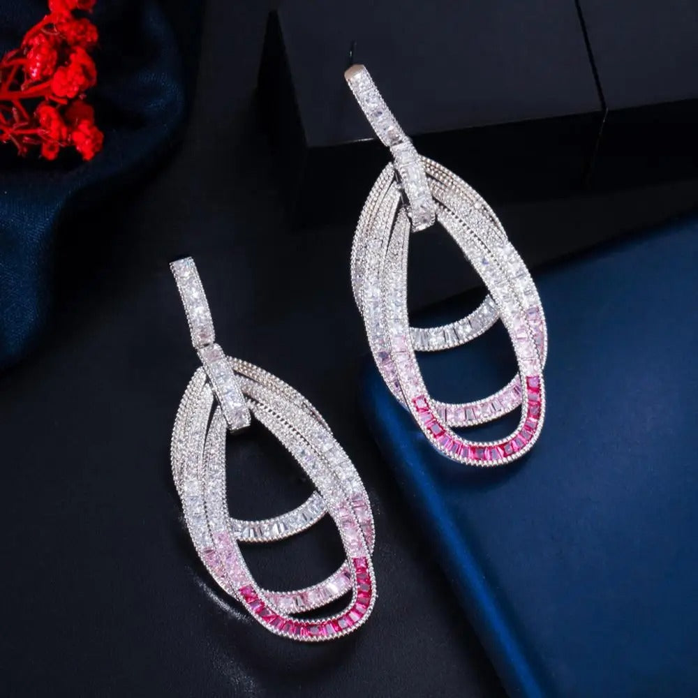 Pink Red CZ Multilayer Circle Drop Earrings for Women