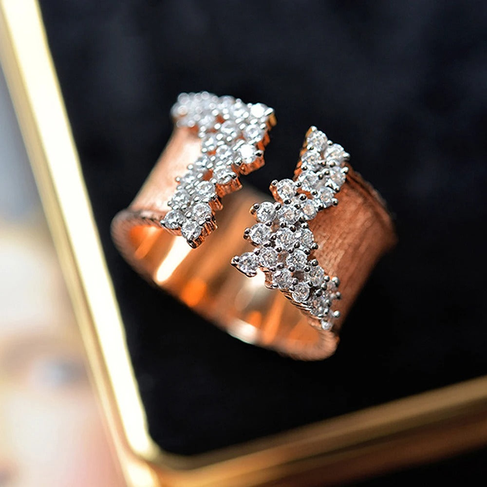 Trendy Luxury Gold Color Cubic Zirconia Ring for Women Modern Wide Band Finger Ring OL Style Female Jewelry