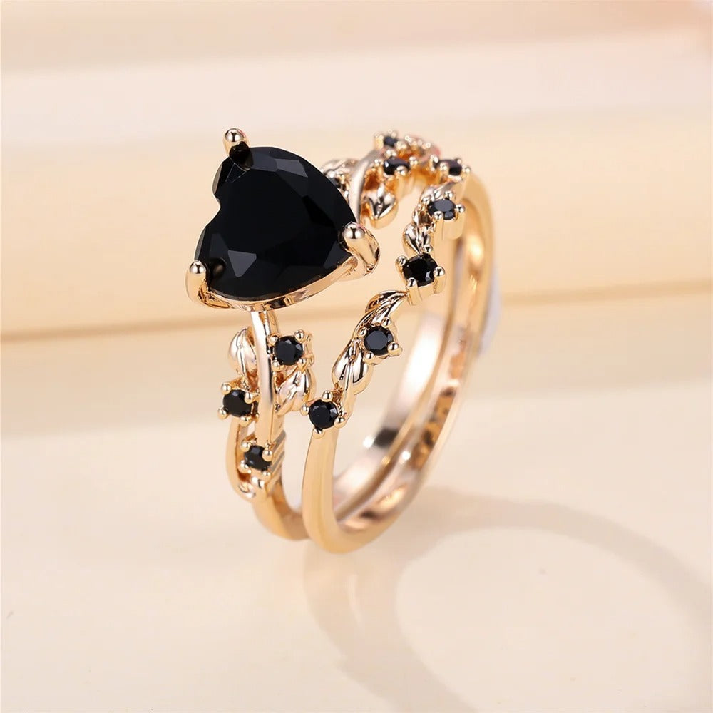 Royal Blue Green Black Red Stone Heart Ring Sets For Women Rose Gold Color White Zircon Bridal Wedding Bands Jewelry
