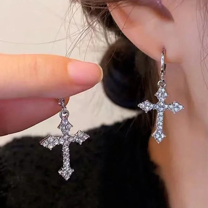 Rhinestone Cross Earrings Kpop Crystal Zircon Cross Drop Earring for Women Earrings Jewelry Accessories