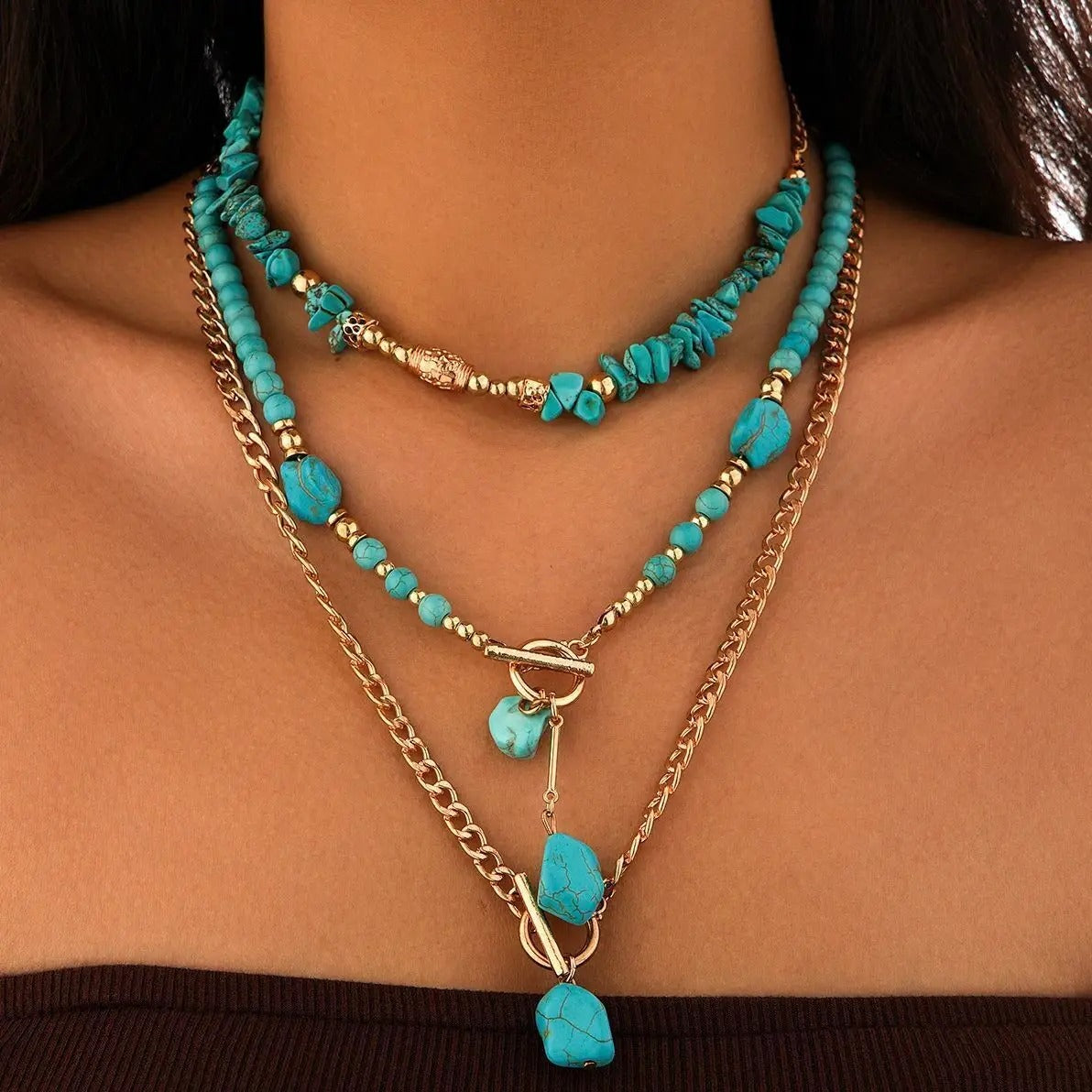 3Pcs Vintage Blue Natural Stone Beads Choker Necklaces for Women Bohemia Geometry Pendant Necklace Trendy Neck Jewelry