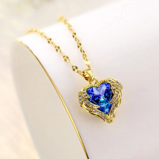 Luxury Colorful Crystal Ocean Heart Pendant Necklace For Women Fashion Stainless Steel Neck Chain Female Wedding Jewelry