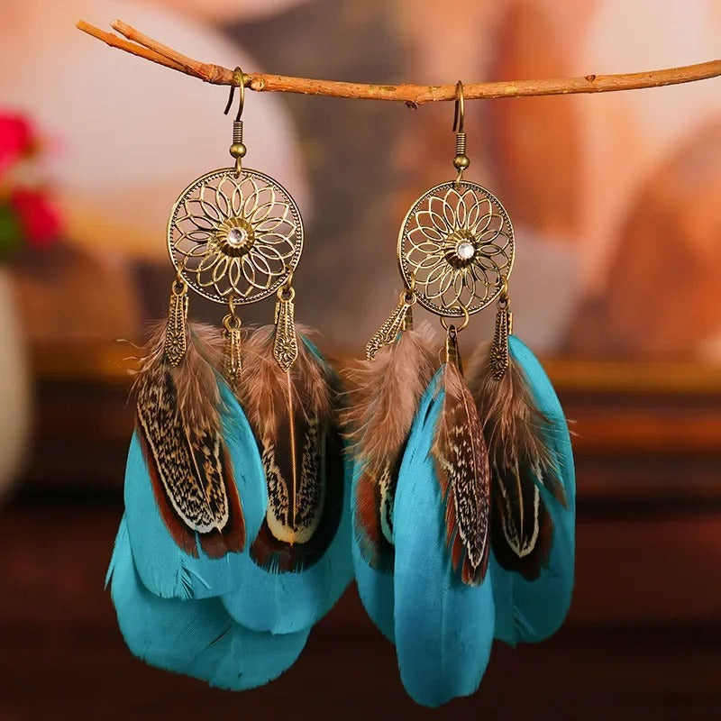 Bohemian Vintage Long Earrings Carved Leaf & Feather Tassel