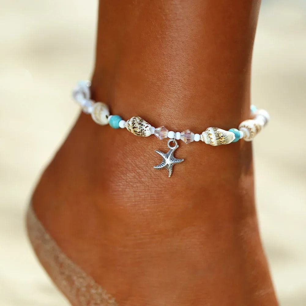 Summer Beach Boho Double Heart Anklets for Women Fashion Shell Starfish Ankle Bracelet on Leg Barefoot Handcraft Chain Jewelry