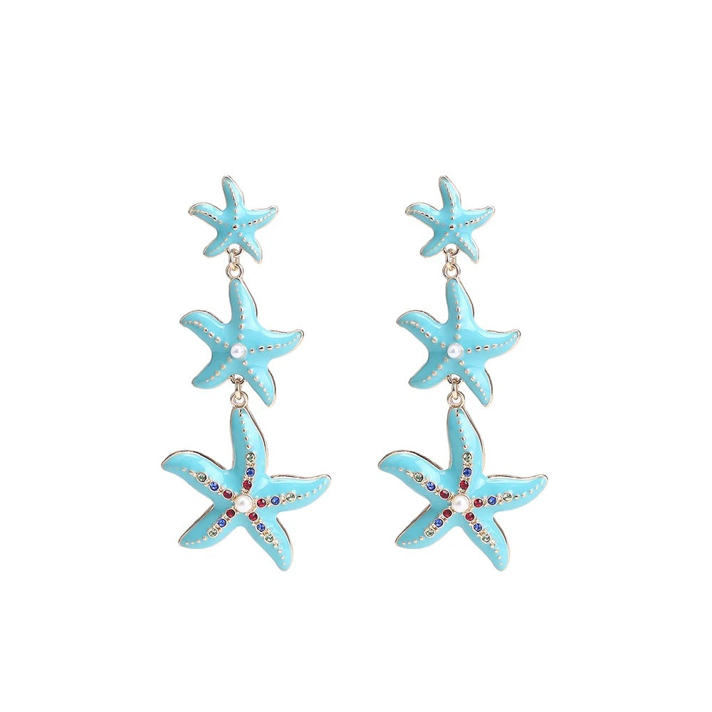 Cute Starfish Seashell Simulated Pendant Stud Earrings Colorful Rhinestone Inlaid Exquisite Starfish Strings Earring Accessory