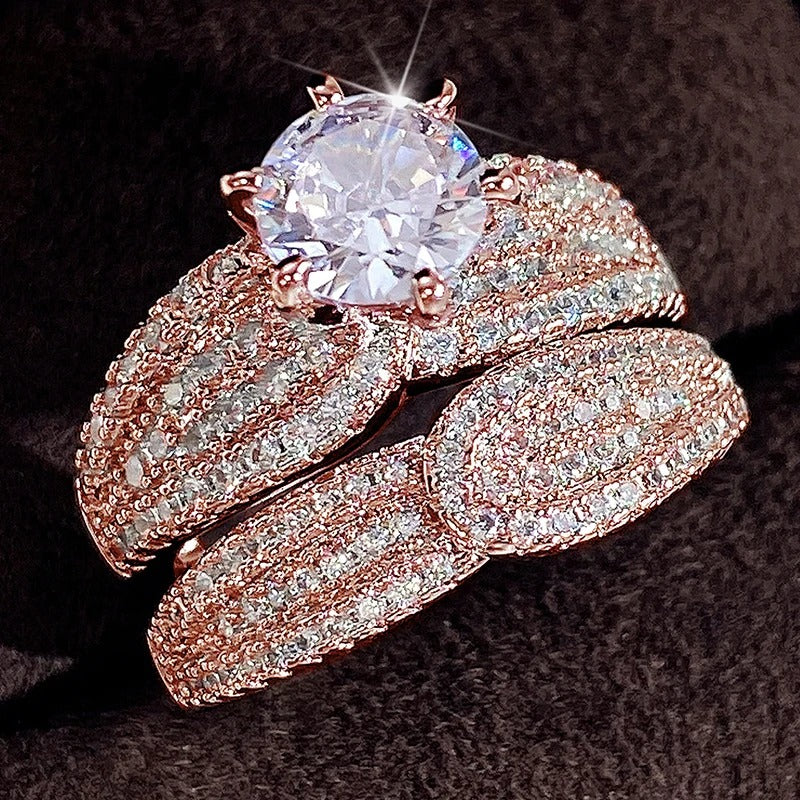 Huitan Bridal Sets Rings with Sparkling Cubic Zircon Luxury Trendy Wedding Engagement 2Pcs Rings for Women Eternity Love Jewelry