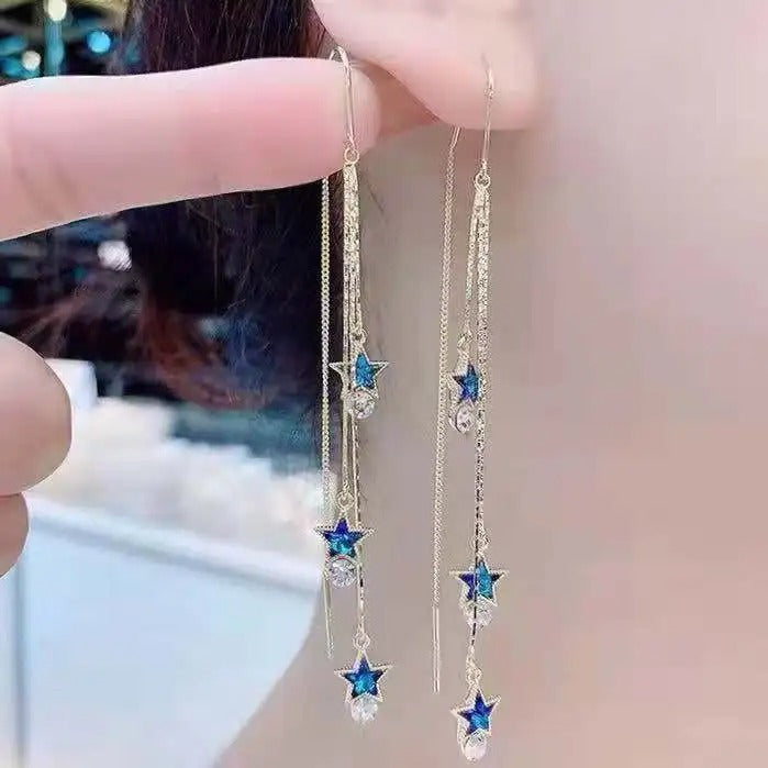 Blue Heart Zircon Tassel Earrings for Women Light Luxury Dangle Jewelry