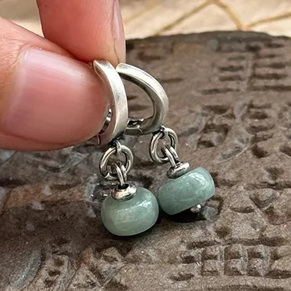 Sterling Silver Jade Geometry Hoop Earring For Women Removable Grace Versatile Ethnic Design Jewelry