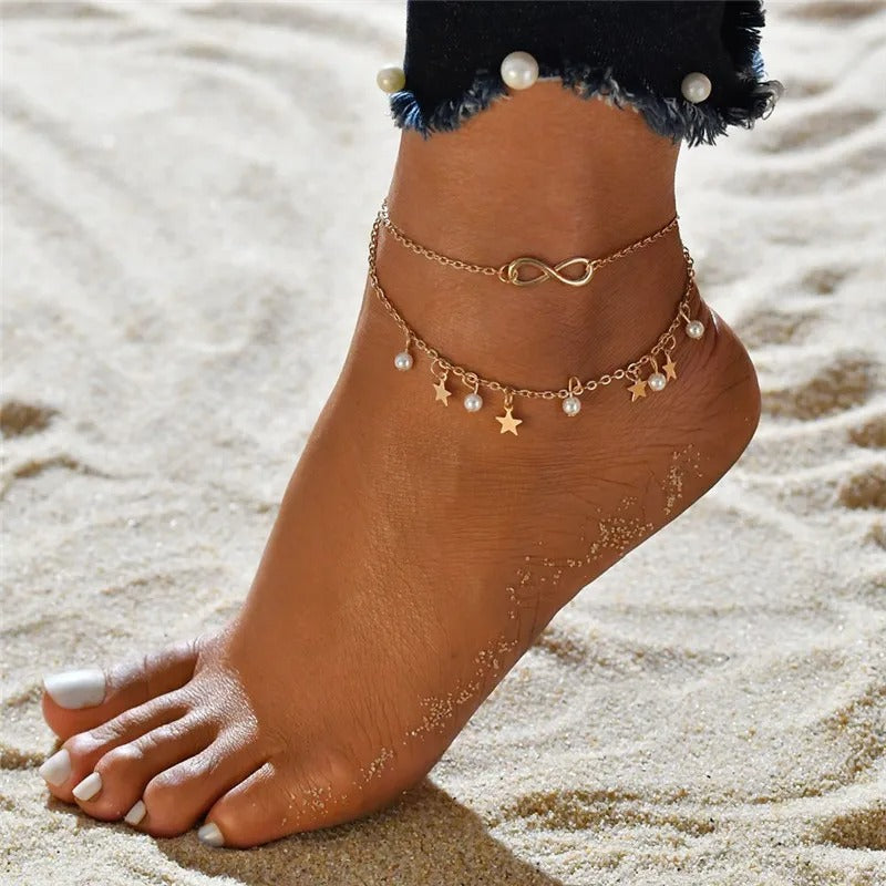 Modyle Bohemian Pearl Chain Anklet Gold Shell Pendant Wedding & Beach Jewelry Gift for Women