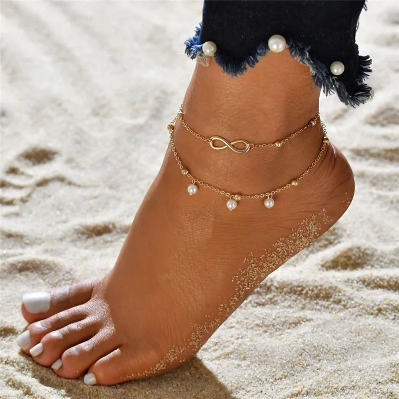 Modyle Bohemian Pearl Chain Anklet Gold Shell Pendant Wedding & Beach Jewelry Gift for Women
