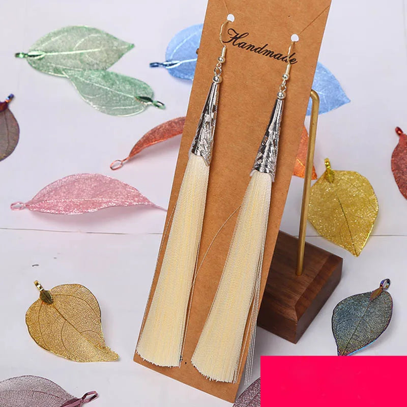 Bohemian Tassel Long Earrings White Red Silk for Women