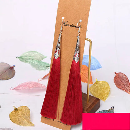 Bohemian Tassel Long Earrings White Red Silk for Women