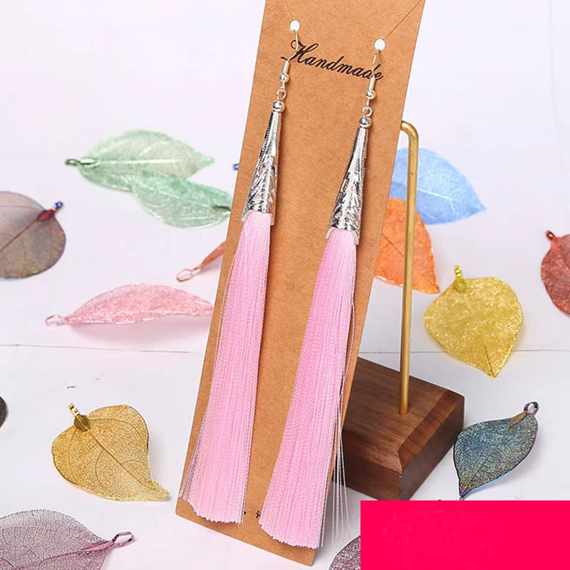 Bohemian Tassel Long Earrings White Red Silk for Women