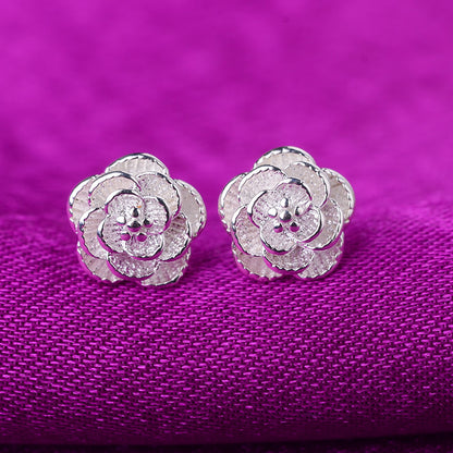 925 Sterling Silver Rose Flower Stud Earrings Women’s Party Jewelry