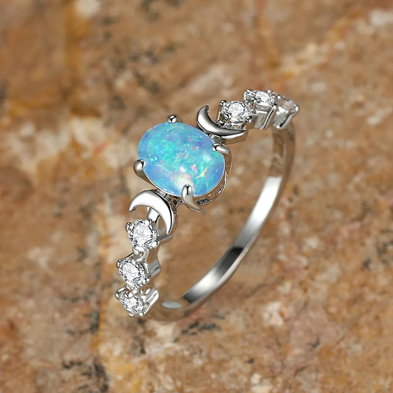 Huitan Blue & White Opal Ring Women’s Aesthetic Wedding Jewelry
