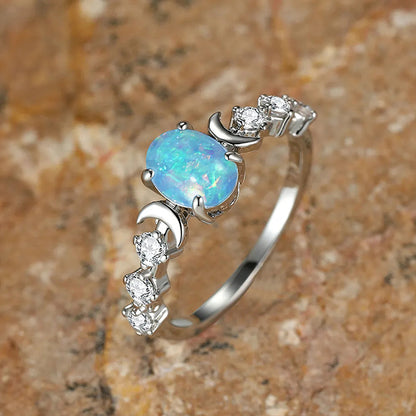 Huitan Blue & White Opal Ring Women’s Aesthetic Wedding Jewelry