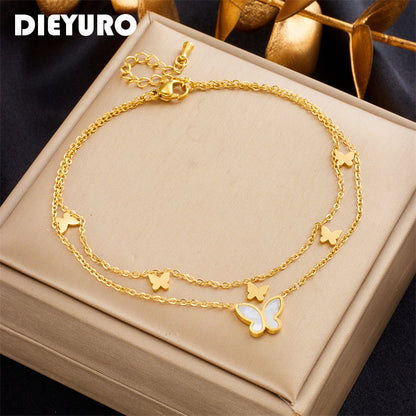 316L Stainless Steel 2-Layer Butterfly Charm Anklets For Women Girl New Fashion Leg Chain Non-fading Jewelry Gift Party