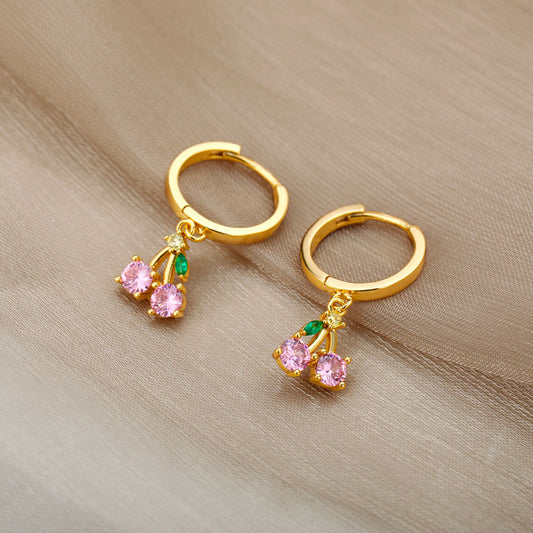 Crystal Fruit Cherry Drop Earrings For Women Stainless Steel Pink Cherry Earring Femme Fairy Fashion Boho Jewerly Gift 2023