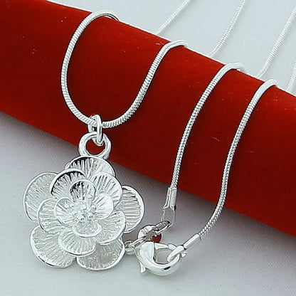 Silver Rose Flower Pendant Necklace with Snake Chain – 18/20/24/26/30 Inch