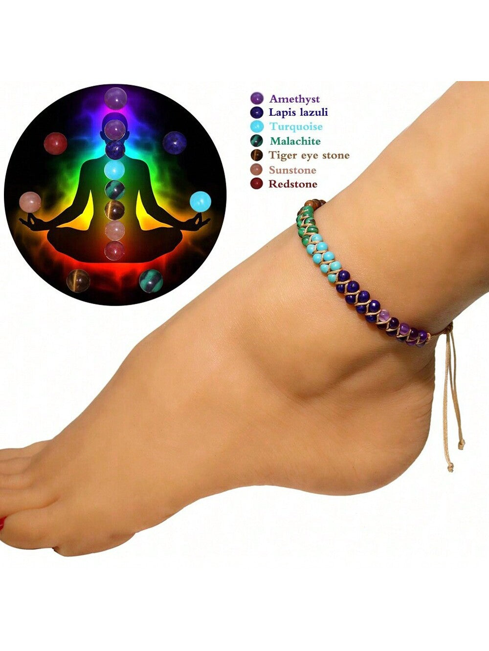 1pc Bohemian Style Handmade Natural Stone Chakra Anklet With 7 Stone And Adjustable Double Strands For Women