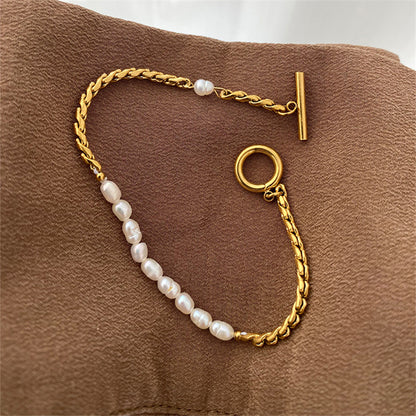 316L Stainless Steel Simplicity Vintage Irregular Shaped Pearl OT Buckle Chain Bracelet For Women Fashion Fine Jewelry Gift B628