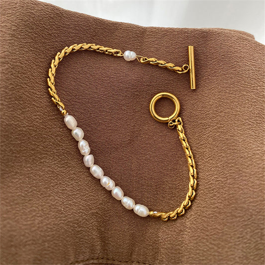 316L Stainless Steel Simplicity Vintage Irregular Shaped Pearl OT Buckle Chain Bracelet For Women Fashion Fine Jewelry Gift B628