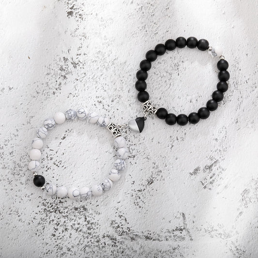 2Pcs/Set Beads Couple Lovers Bracelet for Women Men Natural Stone Distance Magnetic Heart Bracelet Fashion Wedding Jewelry Gift