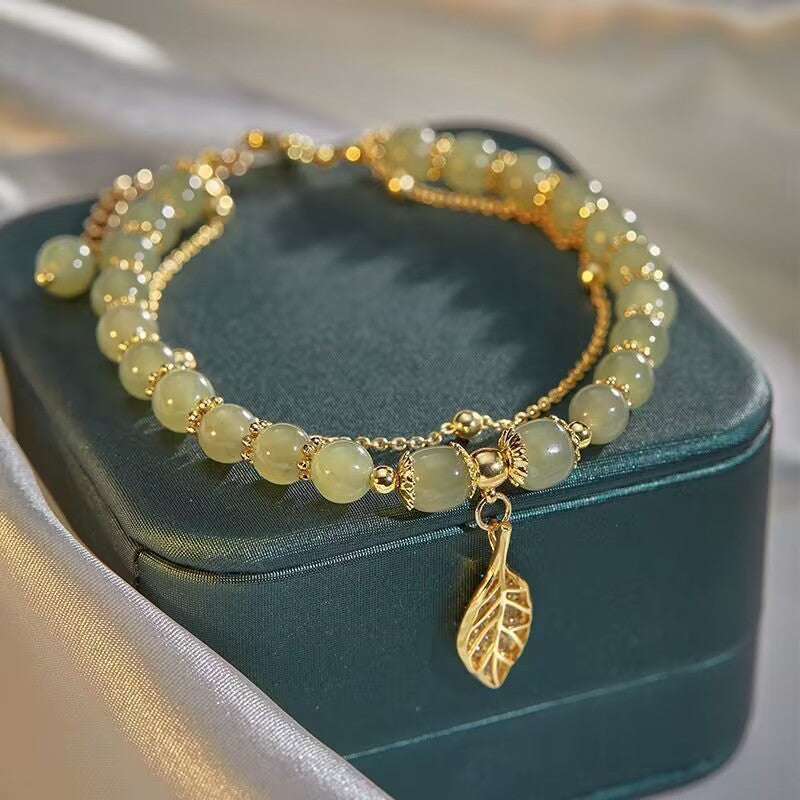 Green Jade Double Chain Bracelet Gold Leaf Women’s Jewelry